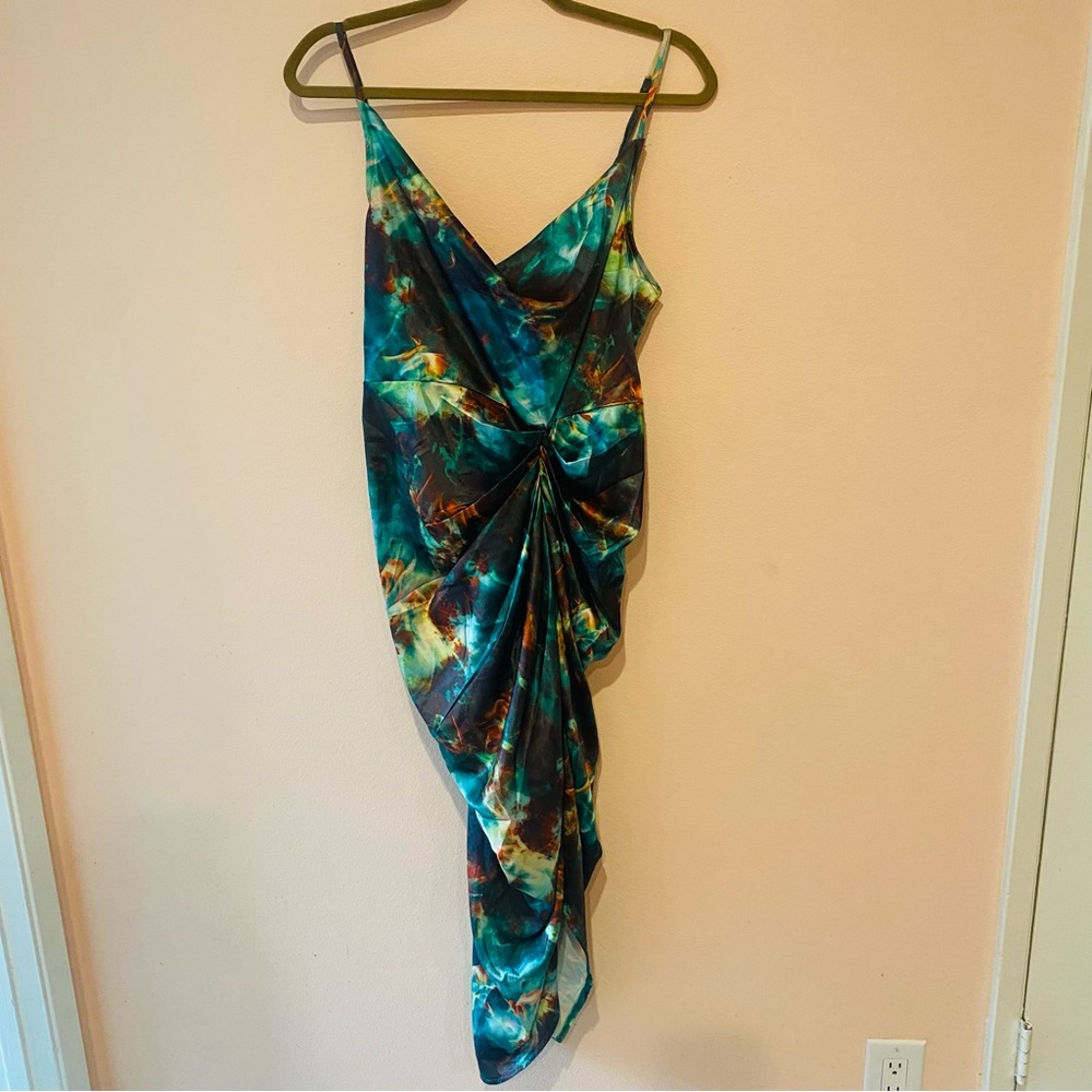 PRETTYLITTLETHING SATIN TEAL GREN BLUE SLEEVELESS COWL NECK MIDI DRESS SIZE 8 - Picture 4 of 8